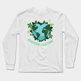 Nurture Nature, Love Earth Save the Earth Go Green. Earth Day April 22 | Heart Shaped World Globe with Leaves Earth Day Awareness Long Sleeve T-Shirt